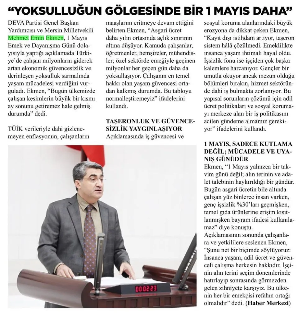"YOKSULLUĞUN GÖLGESİNDE 1 MAYIS DAHA" — gazete kupürü