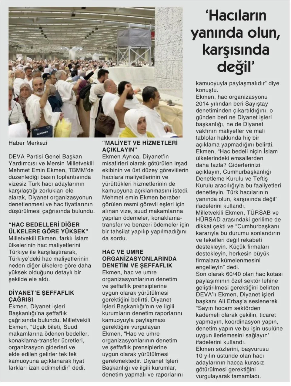 'HACILARIN YANINDA OLUN, KARŞISINDA DEĞİL' — gazete kupürü