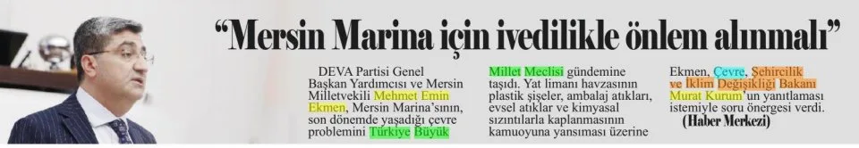 "MERSİN MARİNA İÇİN İVEDİLİKLE ÖNLEM ALINMALI" — gazete kupürü