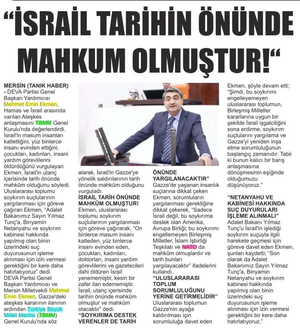 "İSRAİL TARİHİN ÖNÜNDE MAHKUM OLMUŞTUR!" — gazete kupürü