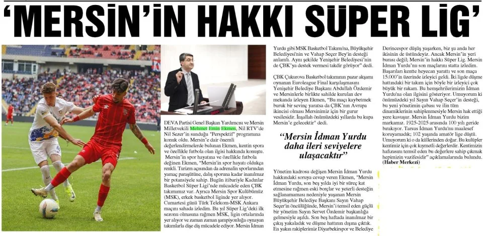 MERSİN'İN HAKKI SÜPER LİG — gazete kupürü