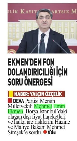 EKMEN'DEN FON DOLANDIRICIĞI İÇİN SORU ÖNERGESİ — gazete kupürü