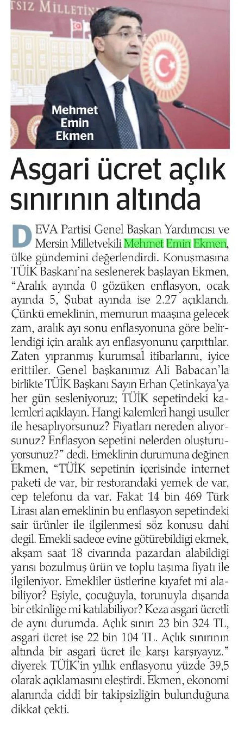 ASGARİ ÜCRET AÇLIK SINIRININ ALTINDA — gazete kupürü