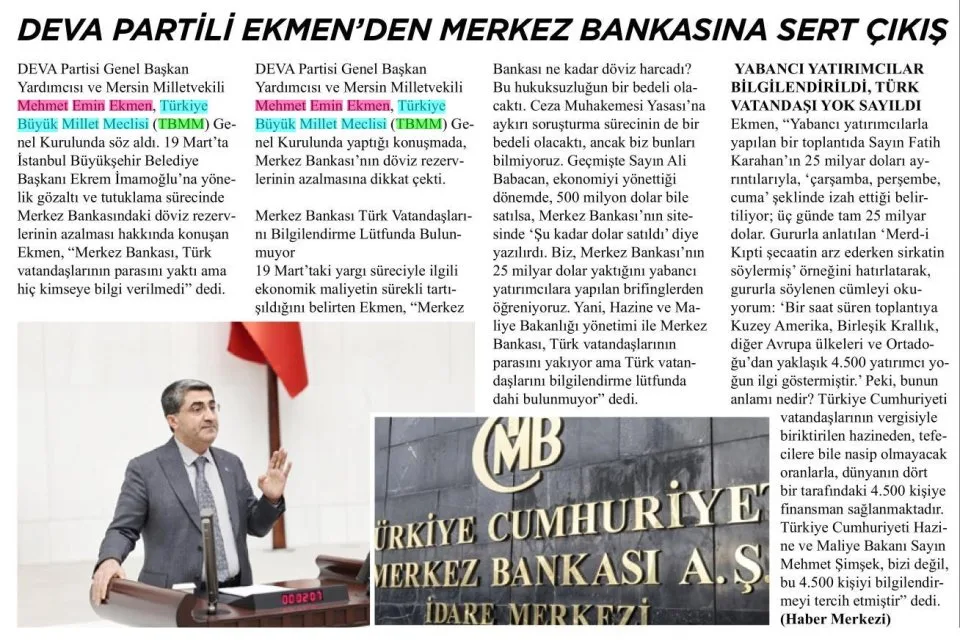 DEVA PARTİLİ EKMENDEN MERKEZ BANKASINA SERT ÇIKIŞ — gazete kupürü
