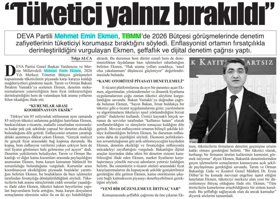 TÜKETİCİ YALNIZ BIRAKILDI — gazete kupürü