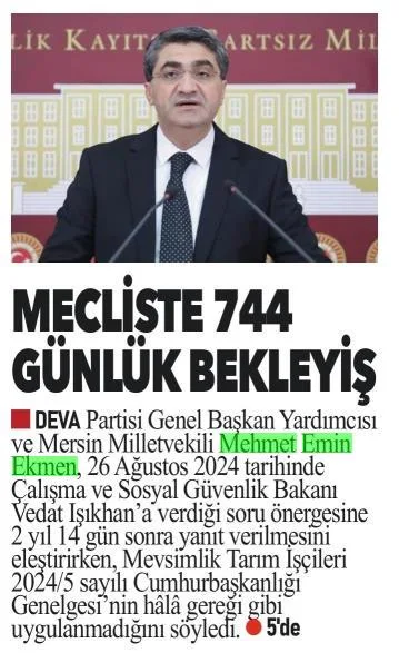 MECLİSTE 744 GÜNLÜK BEKLEYİŞ — gazete kupürü
