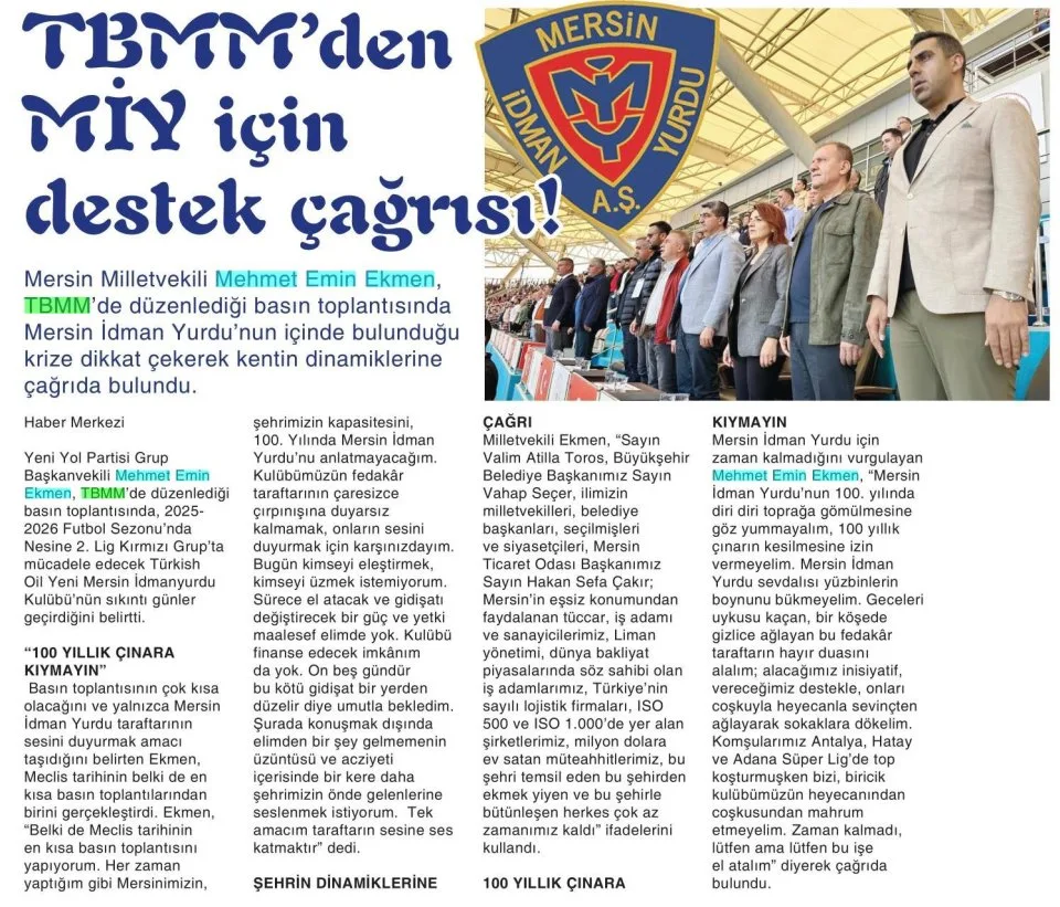 TBMM'DEN MİY İÇİN DESTEK ÇAĞRISI — gazete kupürü