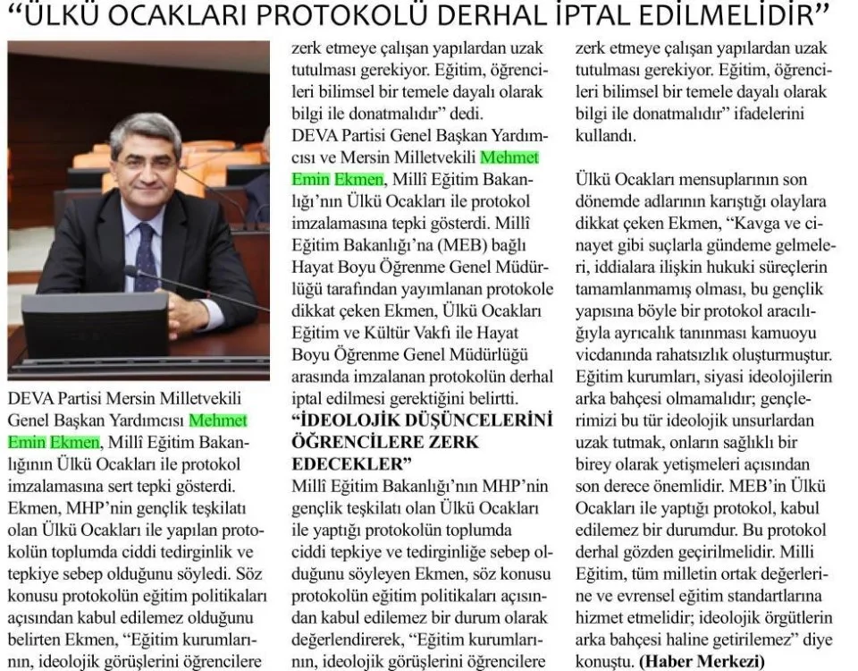 "ULKU OCAKLARI PROTOKOLÜ DERHAL İPTAL EDİLMELİDİR" — gazete kupürü