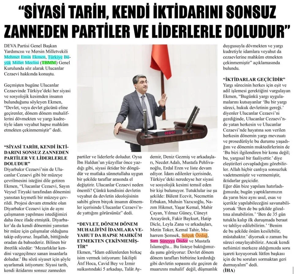 EKMEN'İN GÜNDEMİNDE ULUCANLAR CEZAEVİ VAR — gazete kupürü