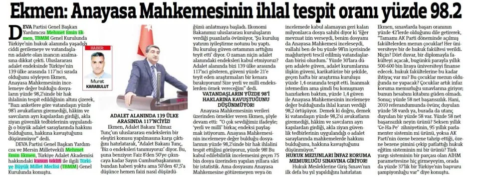 EKMEN : ANAYASA MAHKEMESİNİN İHLAL TESPİT ORANI YÜZDE 98.2 — gazete kupürü