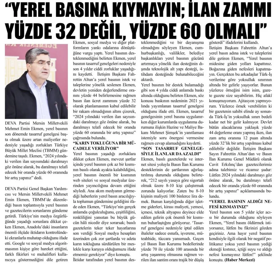 "YEREL BASINA KIYMAYIN : İLAN ZAMMI YÜZDE 32 DEĞİL, YÜZDE 60 OLMALI — gazete kupürü