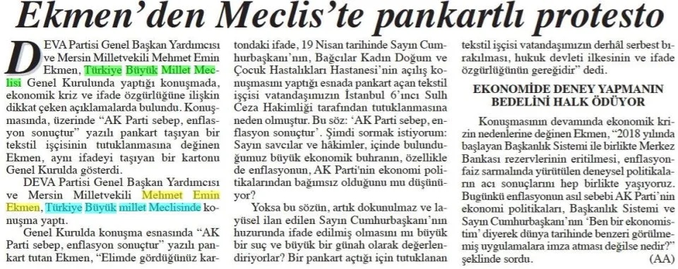EKMEN'DEN MECLİS'TE PANKARTLI PROTESTO — gazete kupürü