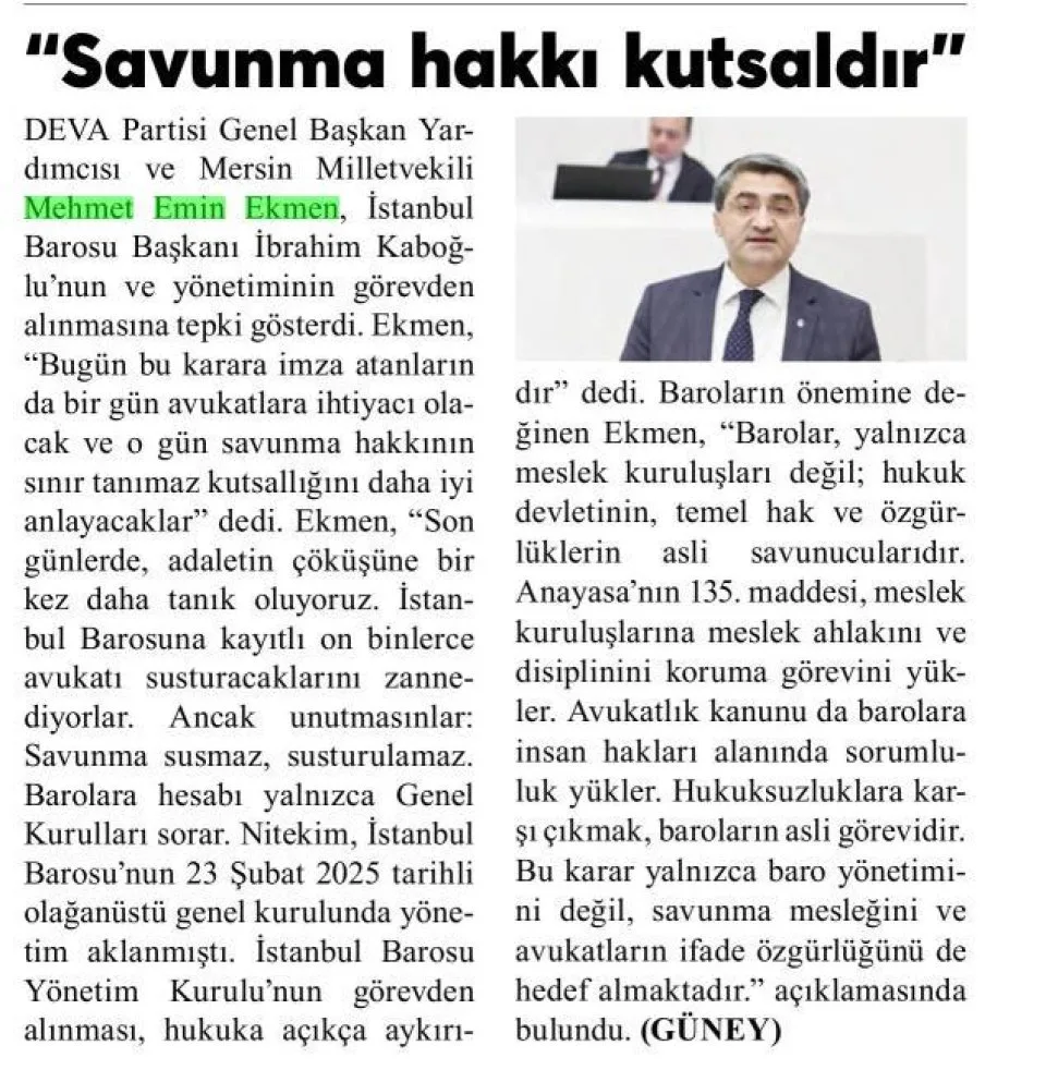 "SAVUNMA HAKKI KUTSALDIR'' — gazete kupürü