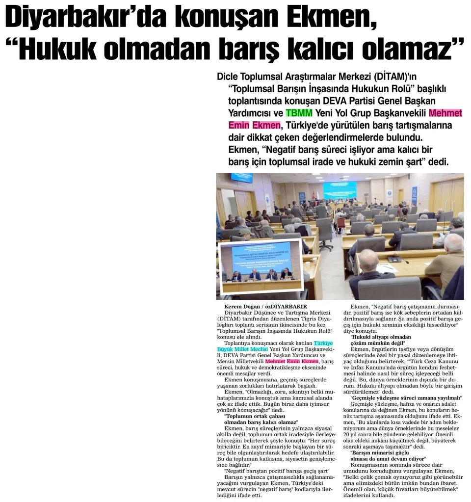 EKMEN HUKUK OLMADAN BARIŞ KALICI OLAMAZ — gazete kupürü