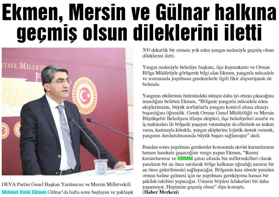 EKMEN, MERSİN VE GÜLNAR HALKINA GEÇMİŞ OLSUN DİLEKLERİNİ İLETTİ — gazete kupürü