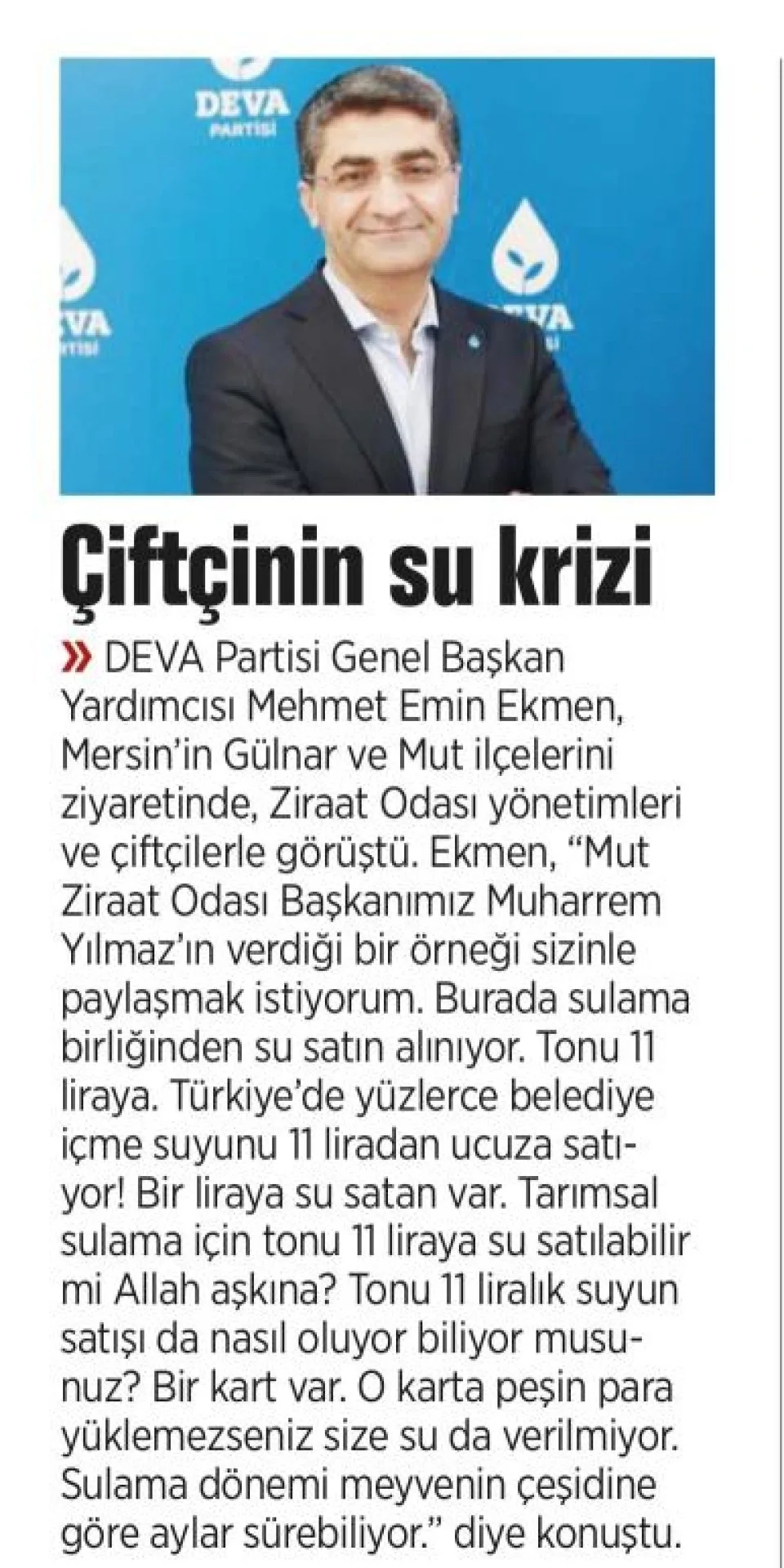 ÇİFTÇİNİN SU KRİZİ — gazete kupürü