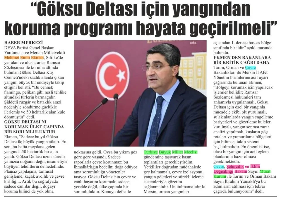 "GÖKSU DELTASI İÇİN YANGINDAN KORUMA PROGRAMI HAYATA GEÇİRİLMELİ'' — gazete kupürü