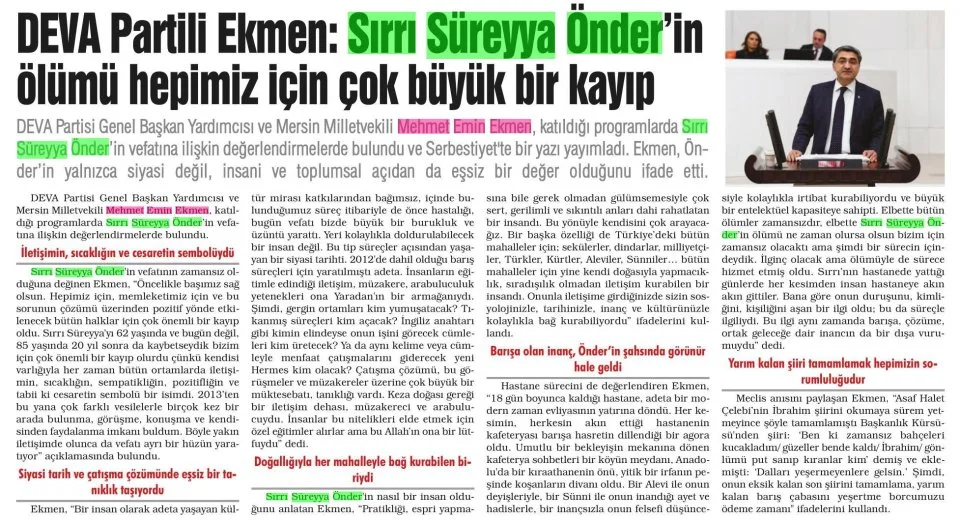 ÖNDER'İN ÖLÜMÜ HEPİMİZ İÇİN ÇOK BÜYÜK BİR KAYIP — gazete kupürü