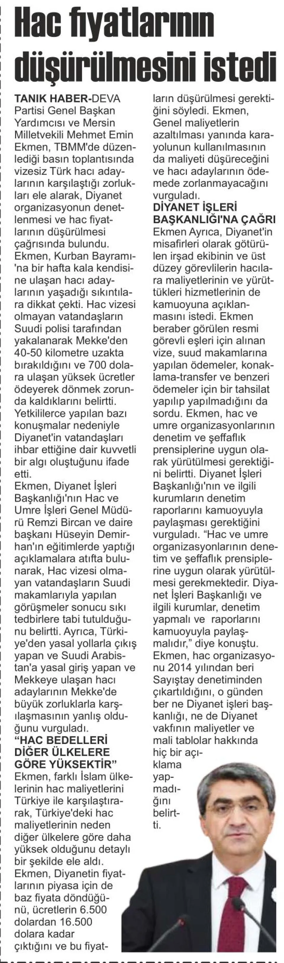 HAC FİYATLARININ DÜŞÜRÜLMESİNİ İSTEDİ — gazete kupürü