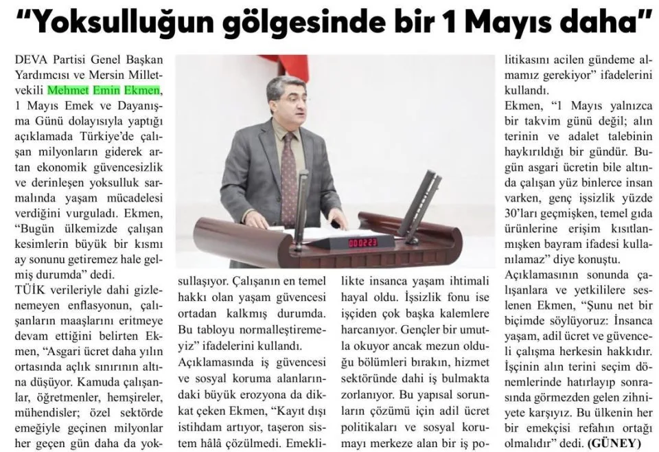 "YOKSULLUĞUN GÖLGESİNDE BİR 1 MAYIS DAHA'' — gazete kupürü