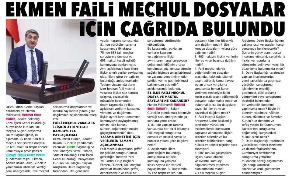 EKMEN FAİLİ MEÇHUL DOSYALAR İÇİN ÇAĞRIDA BULUNDU — gazete kupürü
