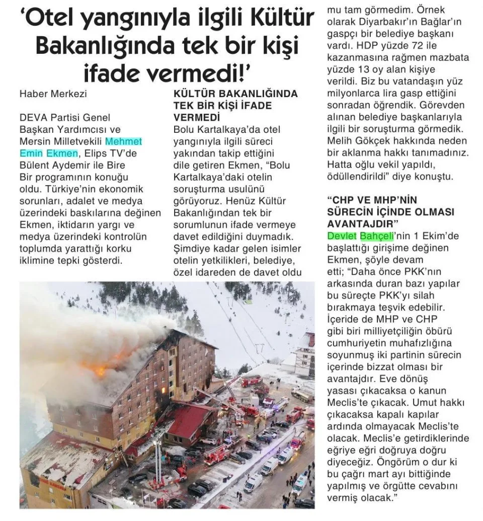 'OTEL YANGINIYLA İLGİLİ KÜLTÜR BAKANLIĞINDA TEK BİR KİŞİ İFADE VERMEDİ!'' — gazete kupürü