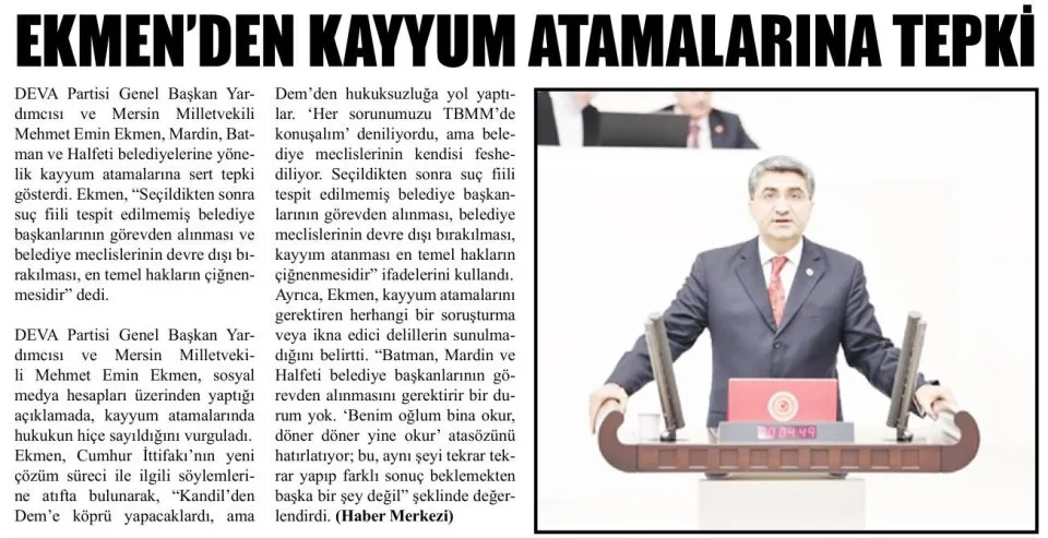 EKMEN'DEN KAYYUM ATAMALARINA TEPKİ — gazete kupürü