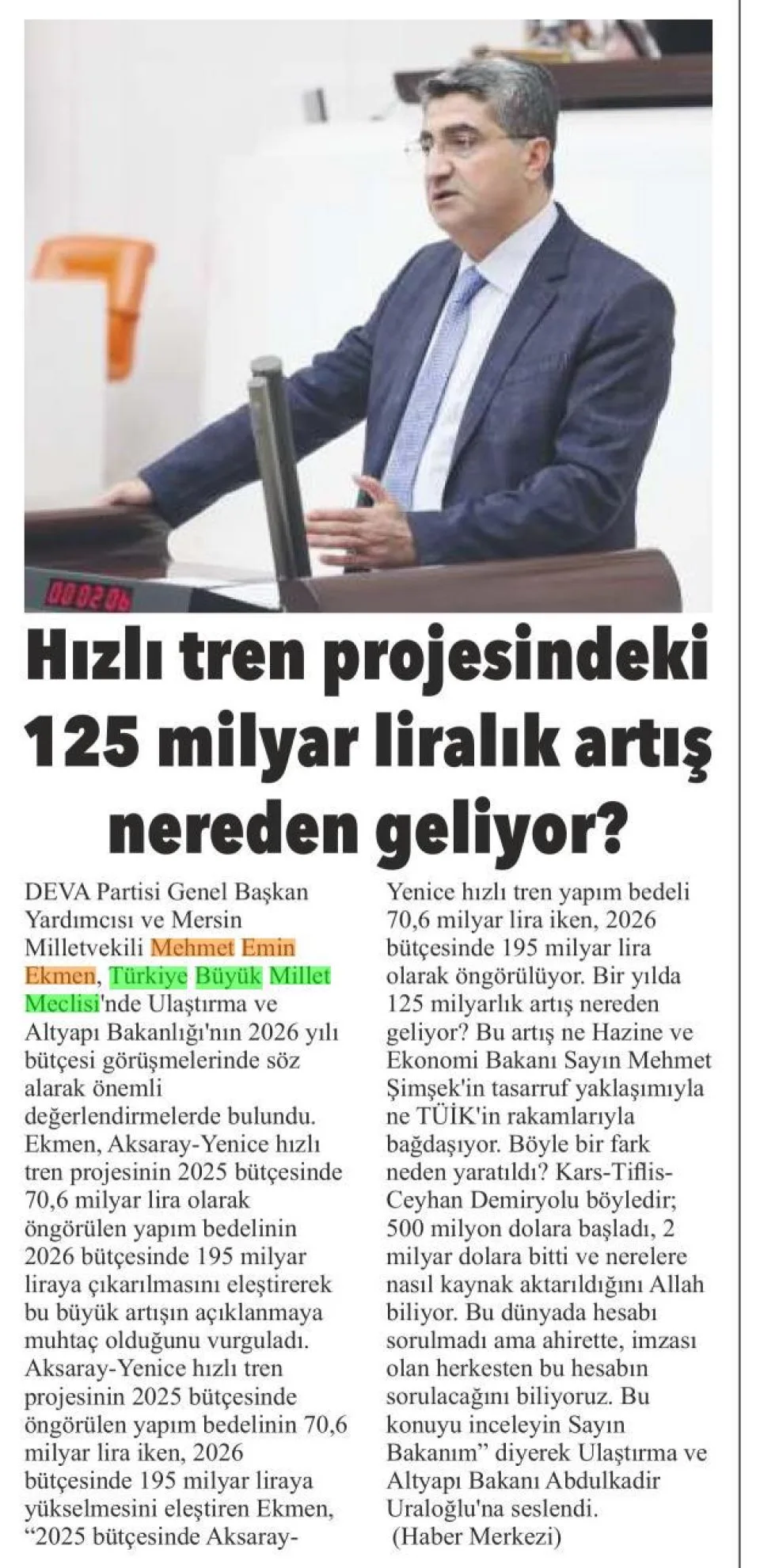 HIZLI TREN PROJESİNDEKİ 125 MİLYAR LİRALIK ARTIŞ NEREDEN GELİYOR — gazete kupürü