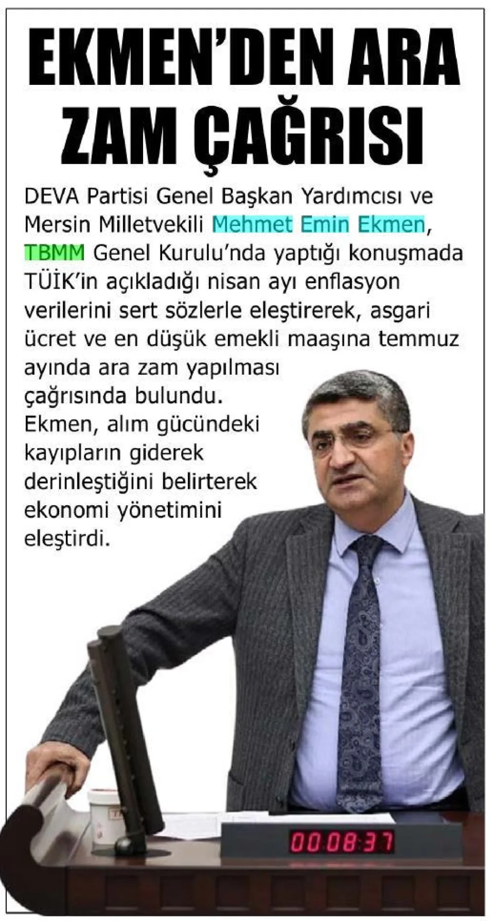 EKMEN'DEN ARA ZAM ÇAĞRISI — gazete kupürü