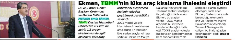 EKMEN, TBMM'NİN LÜKS ARAÇ KİRALAMA İHALESİNİ ELEŞTİRDİ — gazete kupürü
