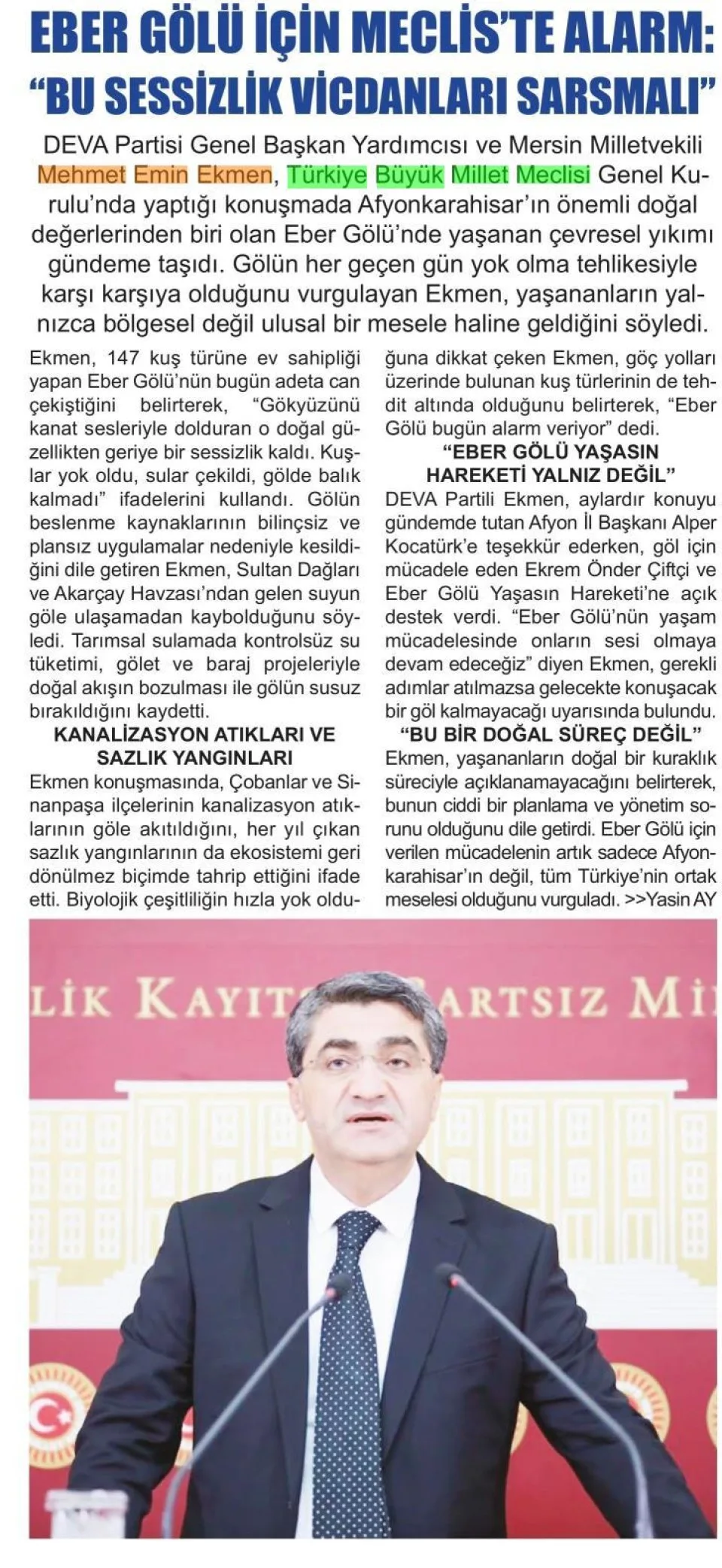 EBER GÖLÜ İÇİN MECLİSTE ALARM — gazete kupürü