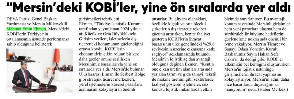 MERSİN'DEKİ KOBİ'LER, YİNE ÖN SIRALARDA YER ALDI — gazete kupürü