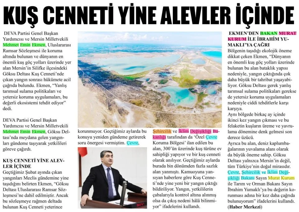 GÖKSU DELTASI İÇİN HÜKÜMETE SESLENDİ — gazete kupürü