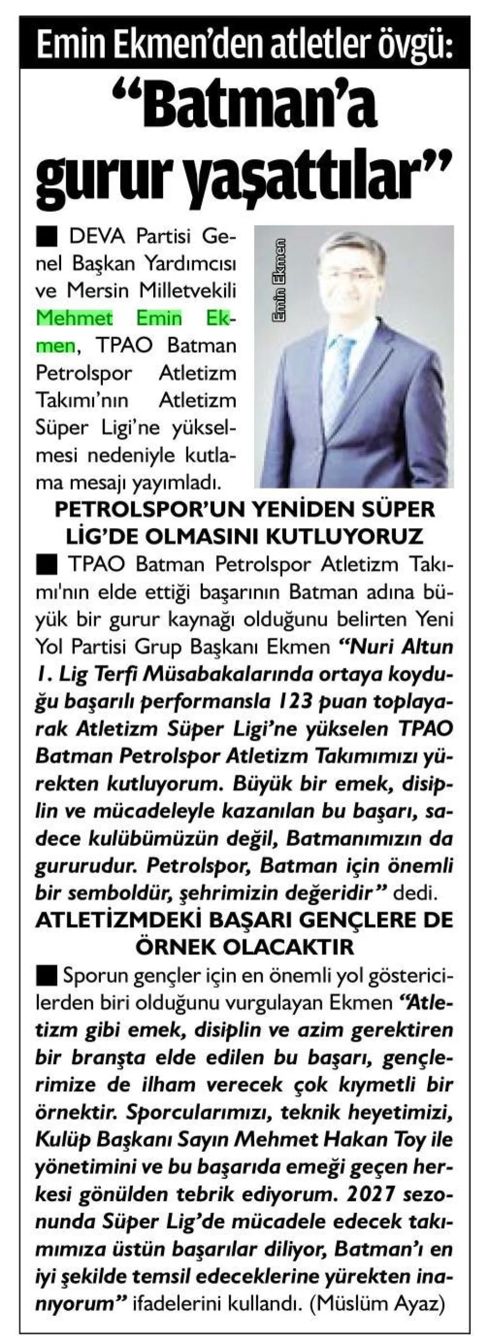 'BATMAN'A GURUR YAŞATTILAR' — gazete kupürü