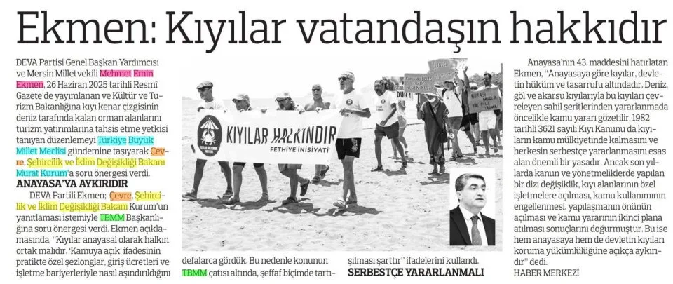 EKMEN : KIYILAR VATANDAŞIN HAKKIDIR — gazete kupürü