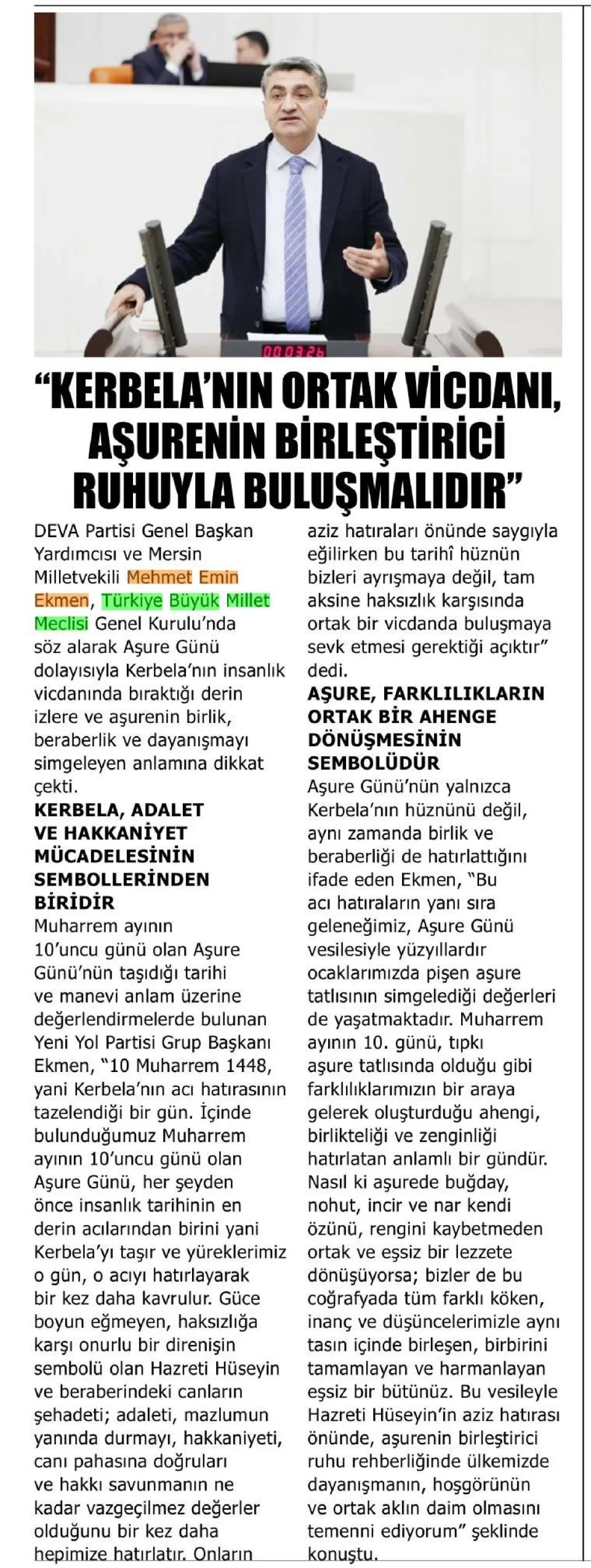 'KERBELA'NIN ORTAK VİCDANI, AŞURENİN BİRLEŞTİRİCİ RUHUYLA BULUŞMALIDIR' — gazete kupürü