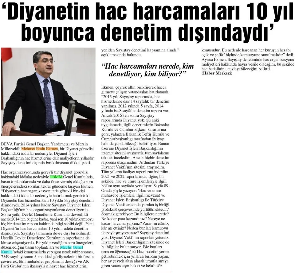 'DİYANETİN HAC HARCAMALARI 10 YIL BOYUNCA DENETİM DIŞINDAYDI — gazete kupürü