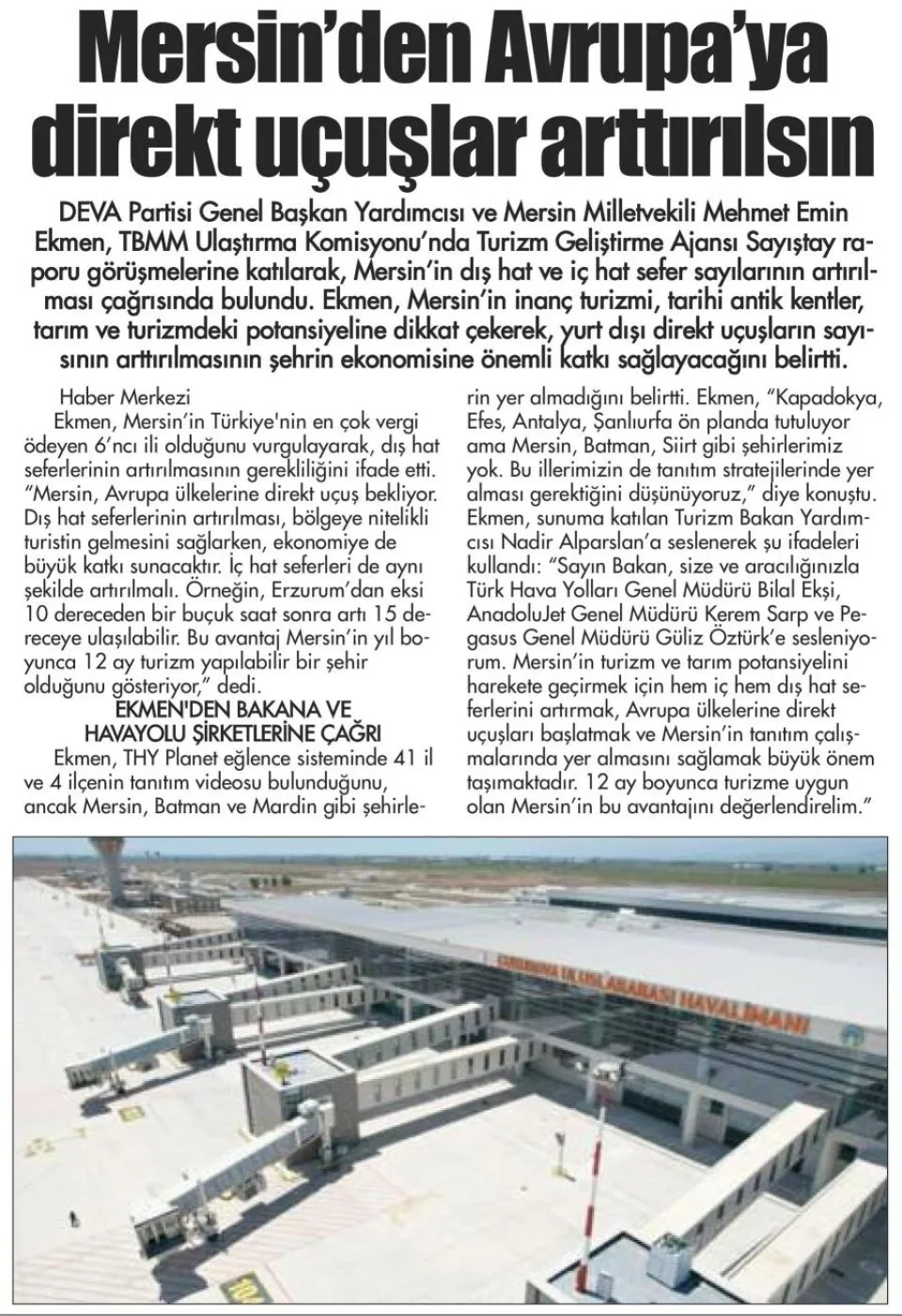 EKMEN'DEN HAVAYOLU ŞİRKETLERİNE ÇAĞRI! — gazete kupürü