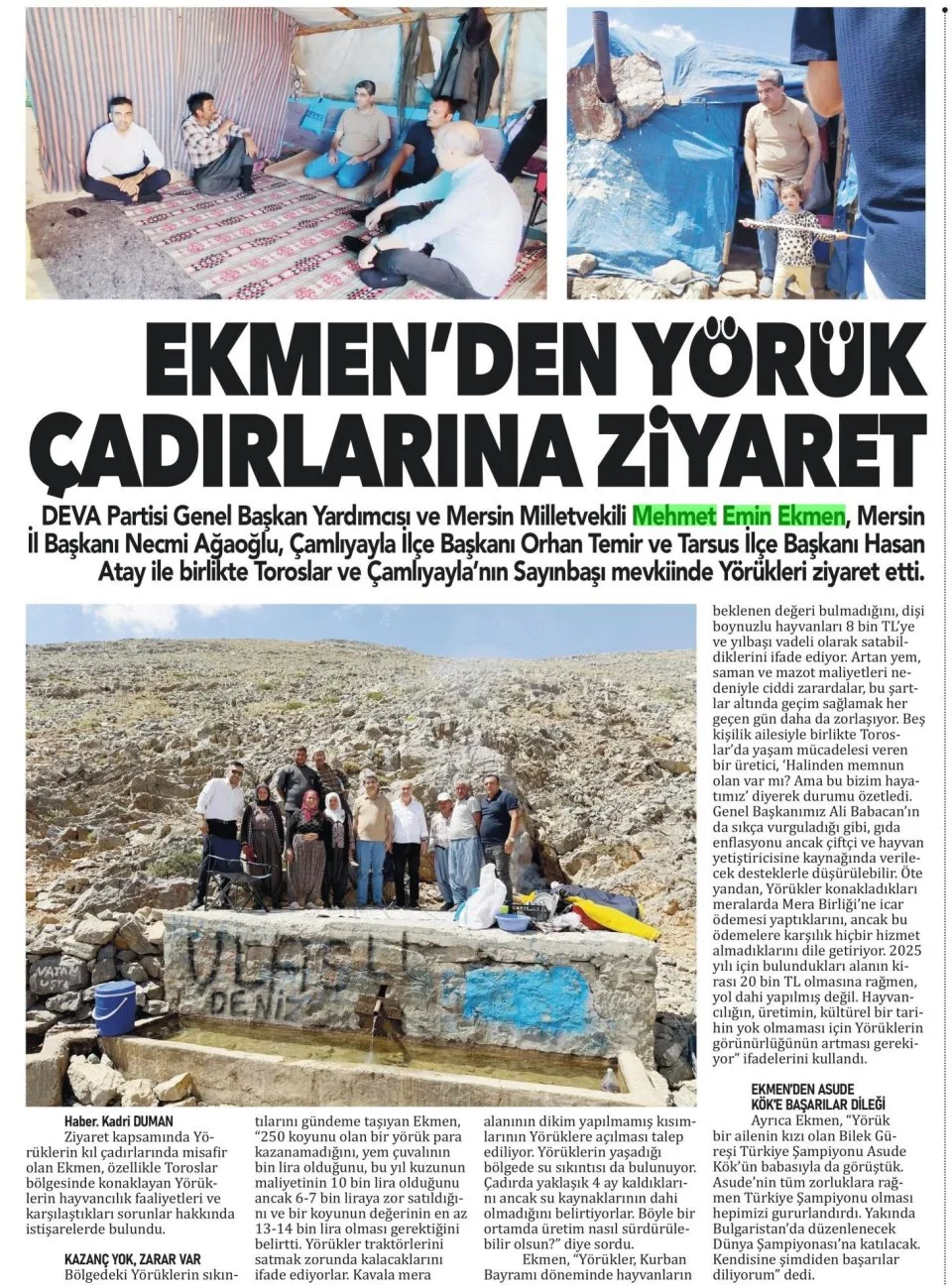 EKMEN'DEN YÖRÜK ÇADIRLARINA ZİYARET — gazete kupürü