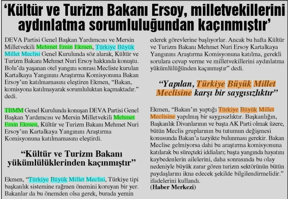 'KÜLTÜR VE TURİZM BAKANI ERSOY, MİLLETVEKİLLERİNİ AYDINLATMA SORUMLULUĞUNDAN KAÇINMIŞTIR' — gazete kupürü