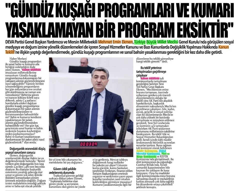 "GÜNDÜZ KUŞAĞI PROGRAMLARI VE KUMARI YASAKLAMAYAN BİR PROGRAM EKSİKTİR" — gazete kupürü