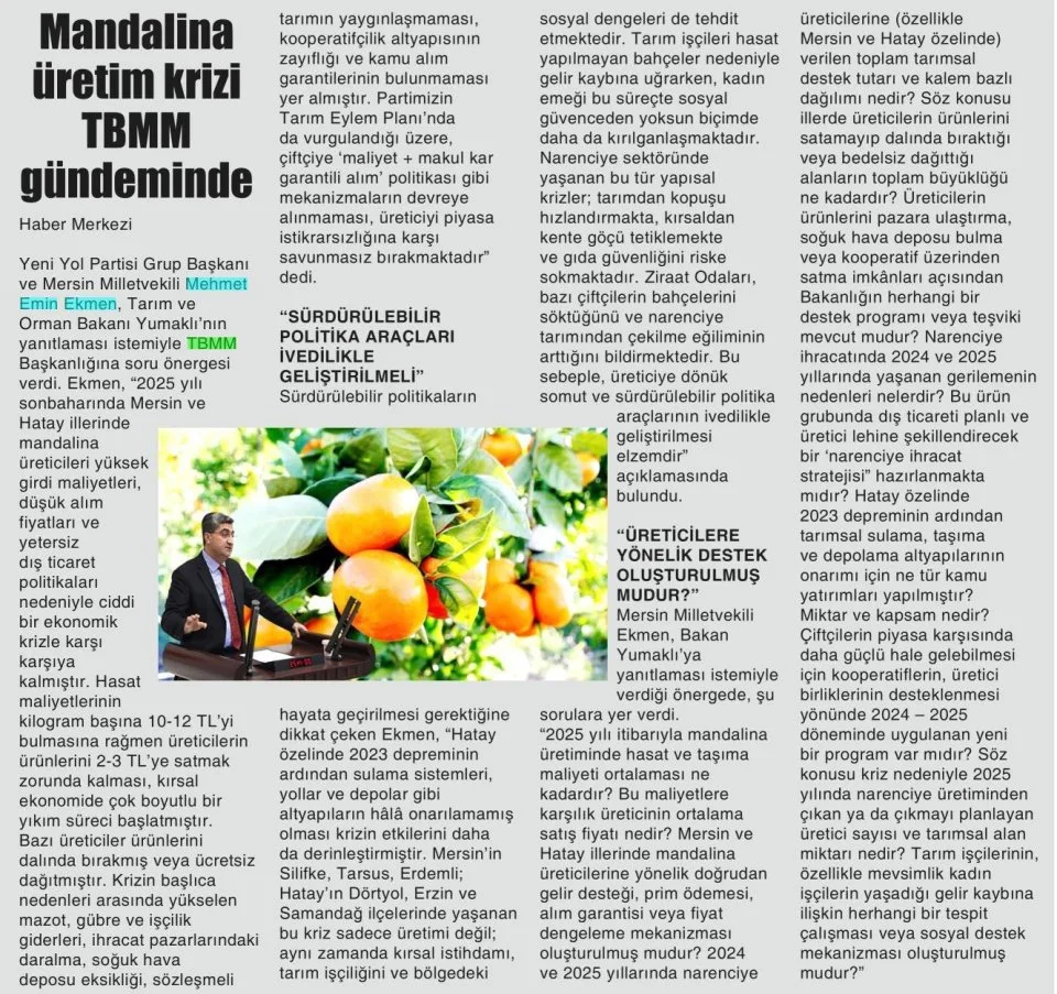 MANDALİNA ÜRETİM KRİZİ MECLİS GÜNDEMİNDE — gazete kupürü
