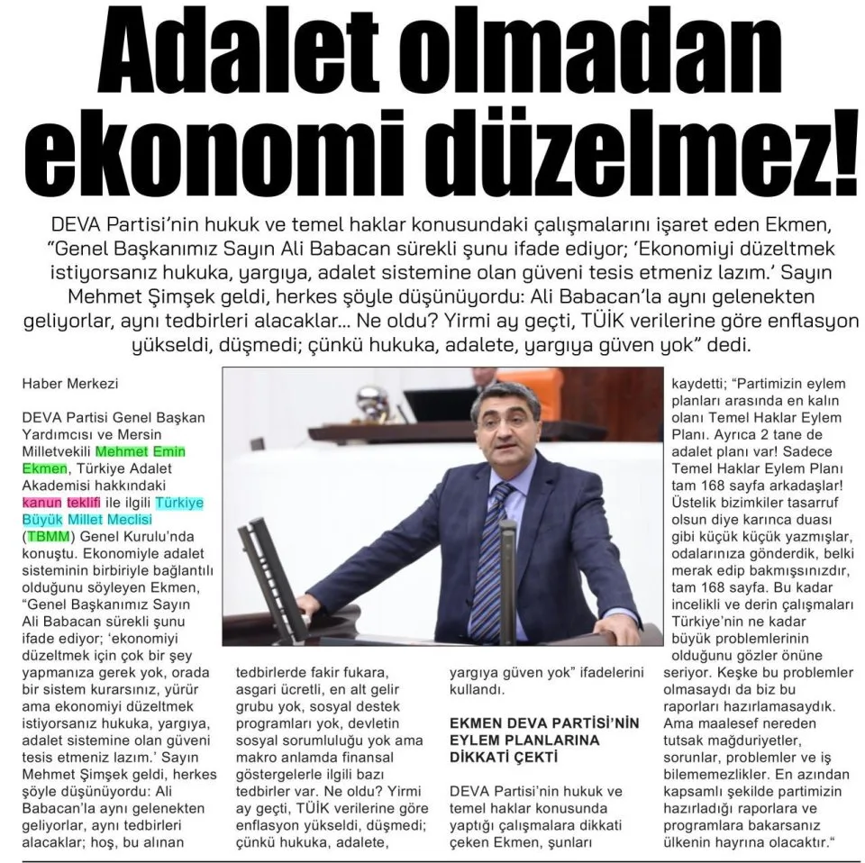 ADALET OLMADAN EKONOMİ DÜZELMEZ! — gazete kupürü
