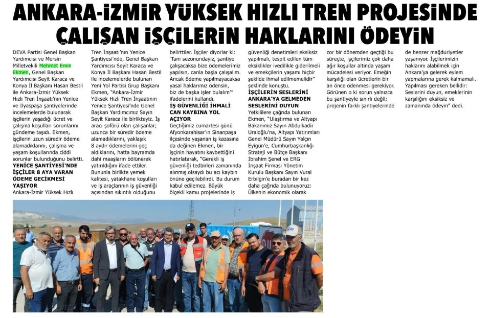 ANKARA-İZMİR YÜKSEK HIZLI TREN PROJESİNDE ÇALIŞAN İŞÇİLERİN HAKLARINI ÖDEYİN — gazete kupürü