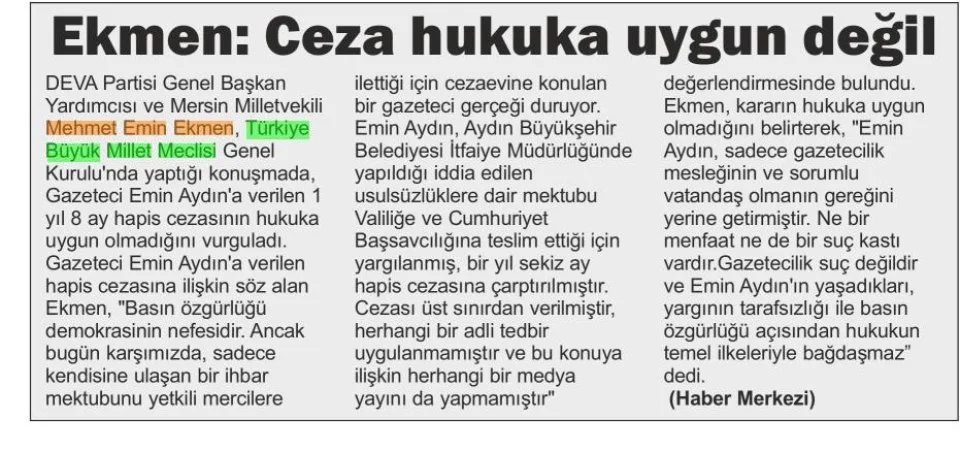 EKMEN: CEZA HUKUKA UYGUN DEĞİL — gazete kupürü
