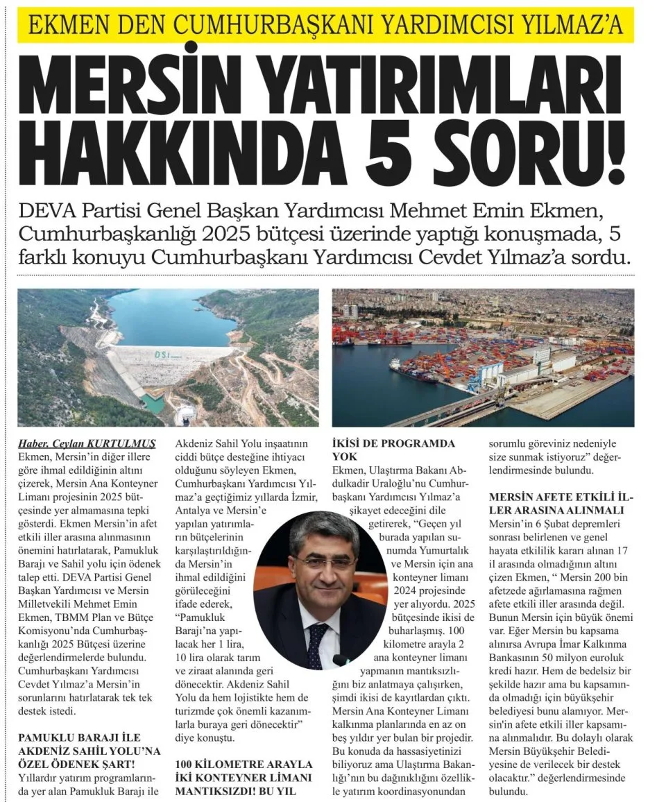 MERSİN YATIRIMLARI HAKKINDA 5 SORU! — gazete kupürü