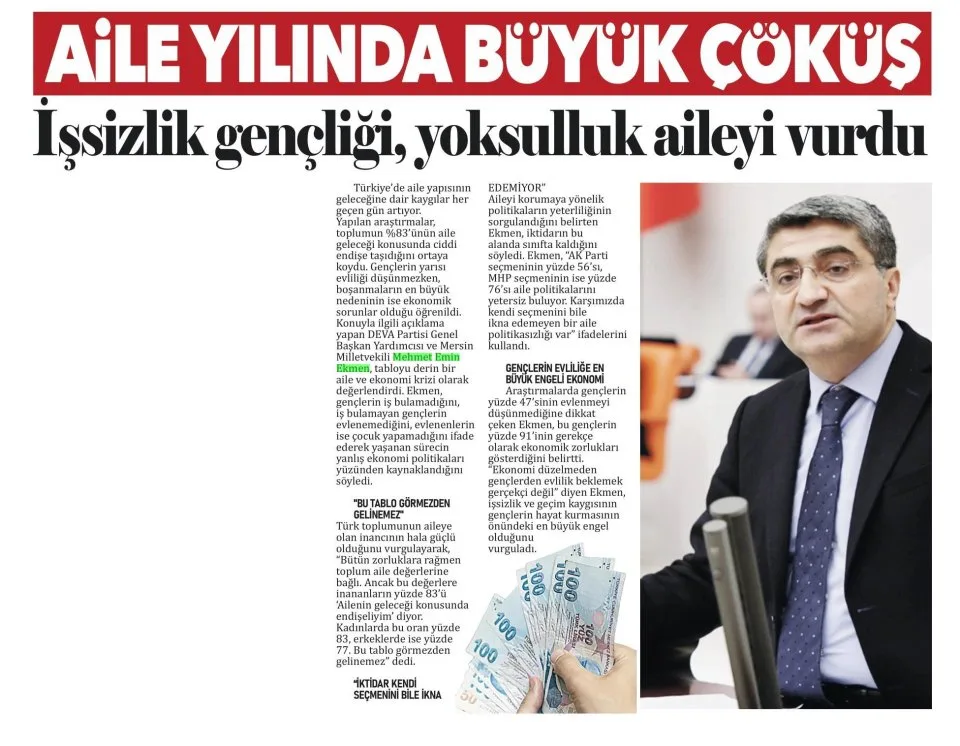 AİLE YILINDA BÜYÜK ÇÖKÜŞ İŞSİZLİK GENÇLİĞİ YOKSULLUK AİLEYİ VURDU — gazete kupürü
