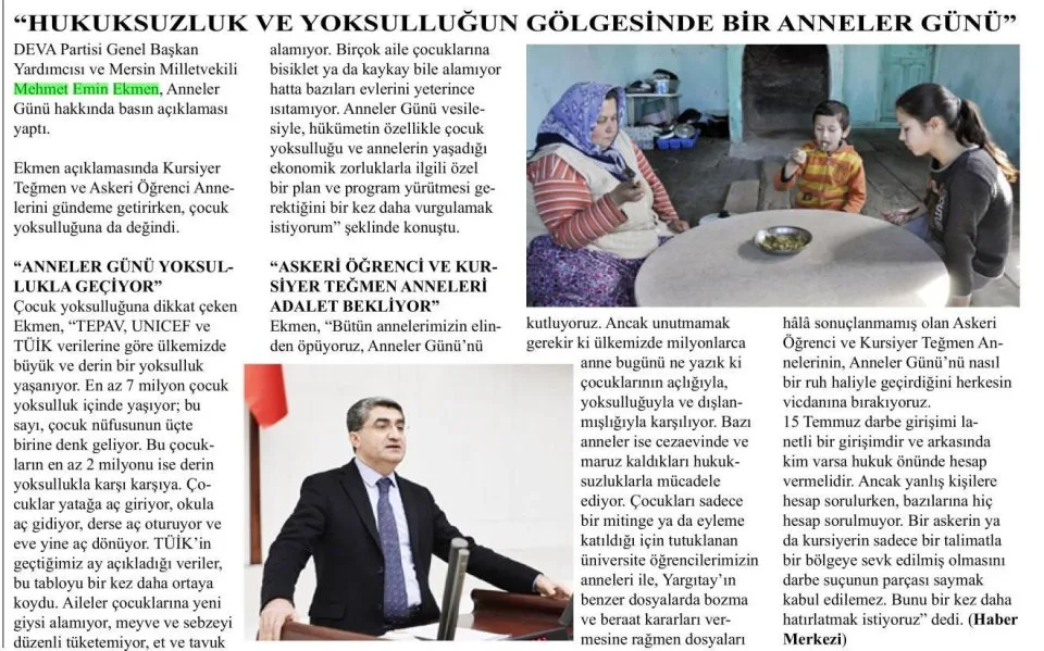 "HUKUKSUZLUK VE YOKSULLUĞUN GÖLGESİNDE BİR ANNELER GÜNÜ" — gazete kupürü