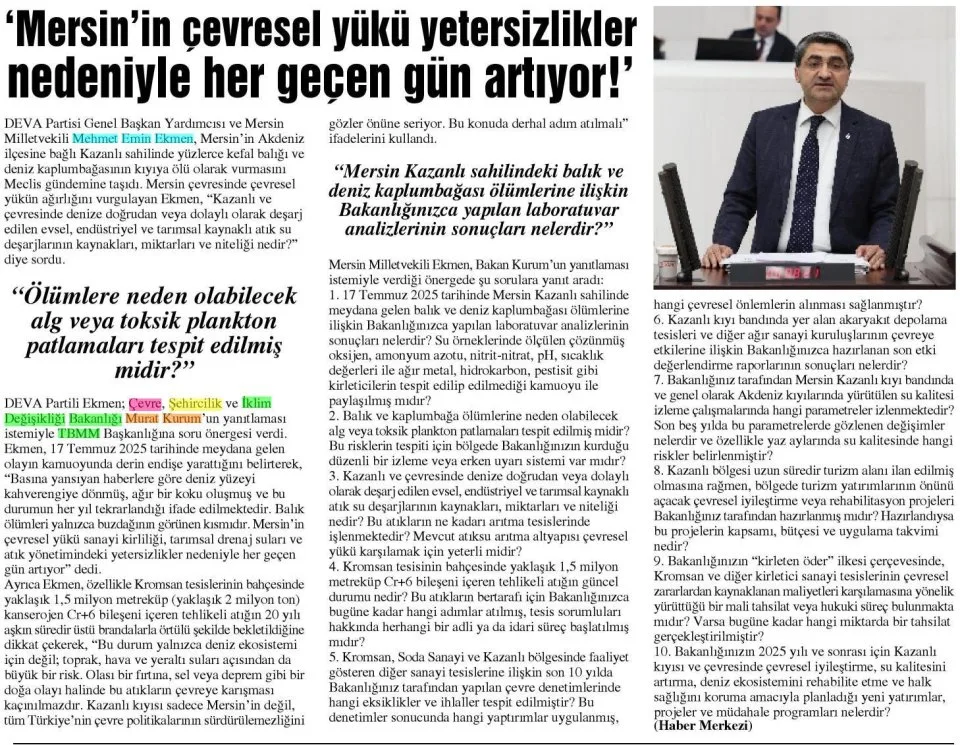 MERSİN'İN ÇEVRESEL YÜKÜ YETERSİZLİKLER NEDENİYLE HER GEÇEN GÜN ARTIYOR!' — gazete kupürü