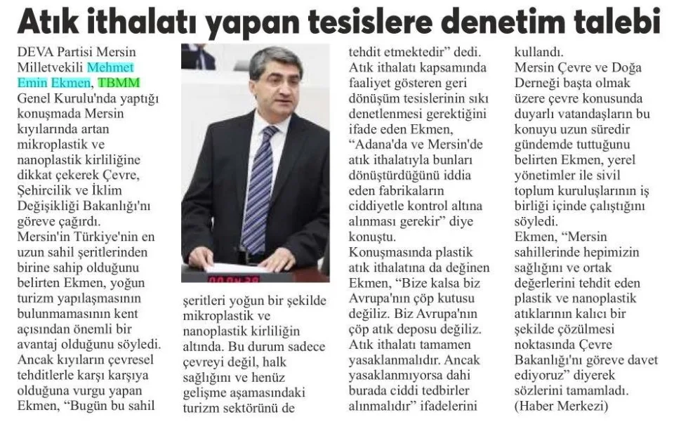 ATIK İTHALATI YAPAN TESİSLERE DENETİM TALEBİ — gazete kupürü